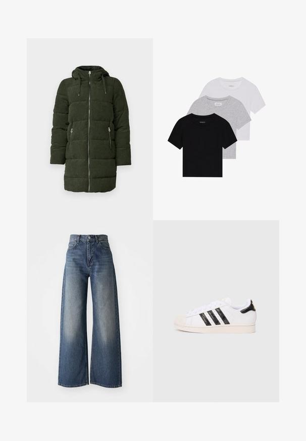 Groene corduroy pufferjack met capuchon, voorzien van een volledige rits aan de voorkant, twee zijzakken en gequilt textuur.; Set van drie korte mouwen t-shirts in zwart, grijs en wit. Gemaakt van katoen, met een ronde hals en een eenvoudig, effen kleurontwerp.; Blauwe high-waisted wide-leg jeans met een sluiting aan de voorkant en zakken, vervaagde textuur op de bovenbenen en een rechte zoom.; Witte sneaker met zwarte gestructureerde strepen en accenten; heeft een rubberen neuskap, platte veters en demping rond de enkel.