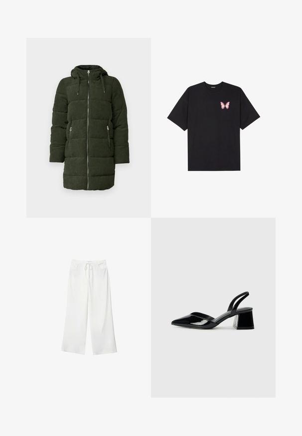 Zelená kordurová pufovaná bunda s kapucňou, s plným predným zipsom, dvoma bočnými vreckami a prešívanou textúrou.; Čierne bavlnené tričko s krátkymi rukávmi, s malým ružovým motýlikom na ľavej hrudi. Design s okrúhlym výstrihom a uvoľneným strihom.; Biele široké nohavice vyrobené z mäkkej látky, s pásekom na sťahovanie a dvoma prednými vreckami. Hladká textúra a bez viditeľných vzorov.; Čierne lakované kožené sandálové podpätky s špicatou špičkou a geometrickým blokovým podpätkom. Disponujú elegantným, minimalistickým dizajnom a hladkým povrchom.