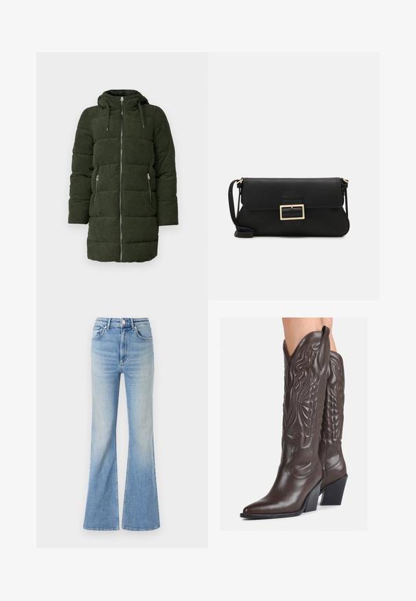 Zaļš kordūras pūkains jaku ar kapuci, ar pilnu priekšējo rāvējslēdzēju, divām sānu kabatām un piešūtām tekstūrām.; Balta bezpiedurkņu topiņš no ribotā auduma, ar noapaļotu kakla izgriezumu un pieguļošu siluetu, ar minimālām šuvēm un bez rotājumiem.; Gai zili flared džinsi, kas izgatavoti no denima, ar augstu jostasvietu, piecu kabatu dizainu un maigu gradientu izbalēšanu uz apakšmalas.; Brūni ādas kovboju zābaki ar norādītu purngalu un blokveida papēdi, ar detalizētu šūšanu un paceltiem akcentiem uz kājas daļas.; Melnas ādas saķeres soma ar atloku un zelta metāla sprādzi. Ietver melnu siksnu un elegantu, minimālistisku dizainu.