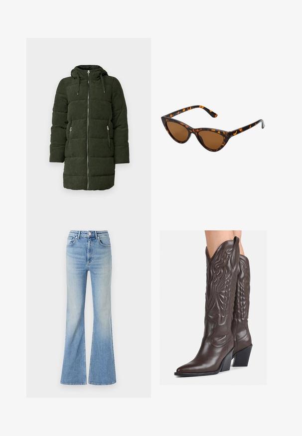 Zelená kordurová puffer bunda s kapucí, s plným předním zipem, dvěma bočními kapsami a prošívanou strukturou.; Bílý bezrukávový top vyrobený z ribbed látky, s kulatým výstřihem a přiléhavým střihem, s minimem švů a bez ozdob.; Světle modré rozšířené džíny vyrobené z džínoviny, s vysokým pasem, designem s pěti kapsami a jemným gradientním zesvětlením směrem k lemům.; Hnědé kožené kovbojské boty s špičatou špičkou a blokovým podpatkem, se zdobným prošíváním a vyvýšenými akcenty na nárazu.; Sluneční brýle ve stylu kočičích očí s černo-oranžovým želvovinovým rámem, hnědými skly a elegantními, špičatými konci. Obsahují minimalistické logo na straně.; Černá kožená psaníčko s klopou a zlatým kovovým detailním sponou. Součástí je černý popruh a elegantní, minimalistický design.