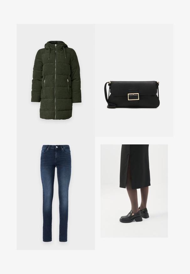 Green corduroy puffer jacket with a hood, featuring a full front zip, two side pockets, and quilted texture.; White sleeveless tank top made of ribbed fabric, featuring a rounded neckline and a fitted silhouette, with minimal seams and no embellishments.; Dark blue skinny jeans made of denim, featuring a classic five-pocket design, button fly, and subtle fading on the thighs.; Black leather shoes with a rounded toe, thick block heel, and elastic side accents, paired with dark tights and a black skirt with a slit.; Black leather clutch bag with a flap and a gold metal buckle detail. Includes a black strap and a sleek, minimalist design.