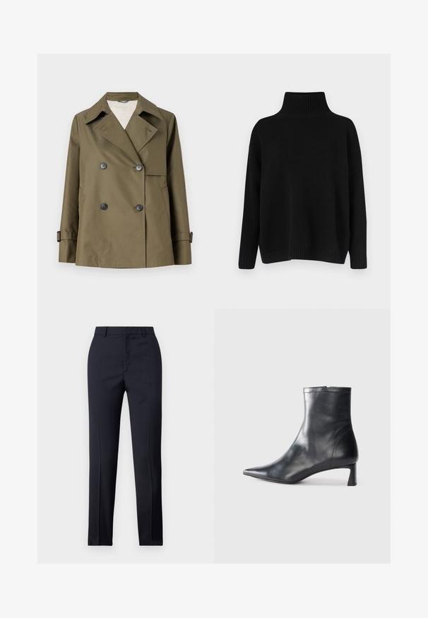 WEEKEND MaxMara BIGLIA - Välikausitakki - kaki; Musta neulottu neulepaita, jossa on korkea resoripystykaulus, korotetut olkapäät ja rento leikkaus. Varustettu resorireunuksilla hihansuissa ja helmassa tuomaan tekstuuria.; Laivaston siniset räätälöidyt housut suoran leikkauksen omaavana, joissa on sileä pinta, kaksi etutaskua ja siisti vyötärö.; Musta nahkainen nilkkabotti, jossa on teräväkärkinen muotoilu ja tyylikäs design. Varusteena matala korko ja takana vetoketjukiinnitys. Sileä pinta.