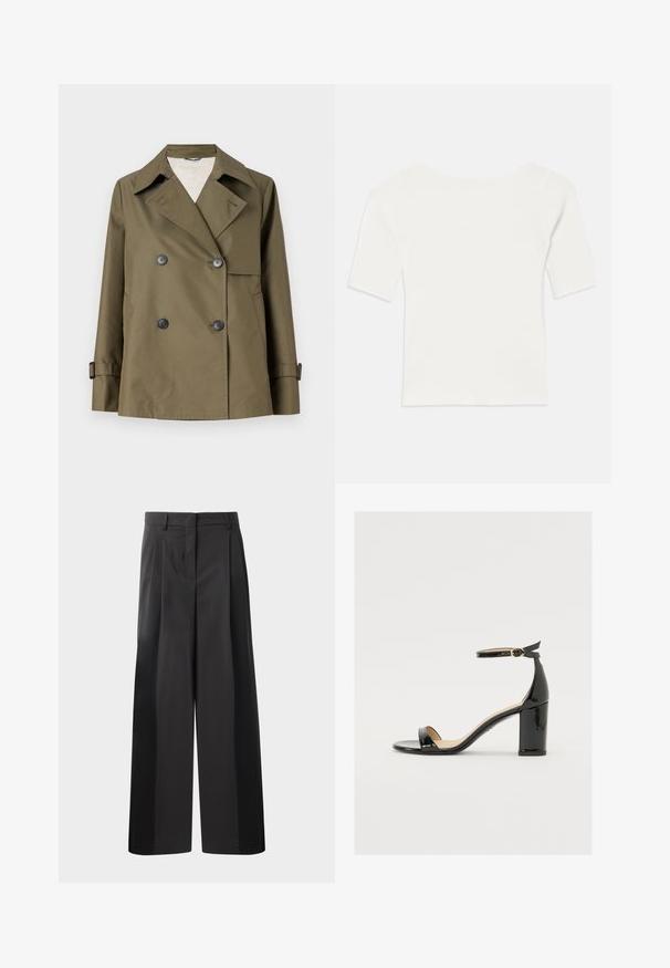 Weekend Max Mara BIGLIA - Light jacket - kaki; White ribbed short-sleeve top with a wide neckline. The texture features vertical stripes, emphasizing a snug fit and simple design.; Black wide-leg trousers with a high waist, featuring front pleats, a smooth texture, and a tailored finish. Designed for a relaxed fit.; Black patent leather sandal with a wide heel, open toe, and ankle strap featuring a gold buckle. Smooth texture and sleek design.