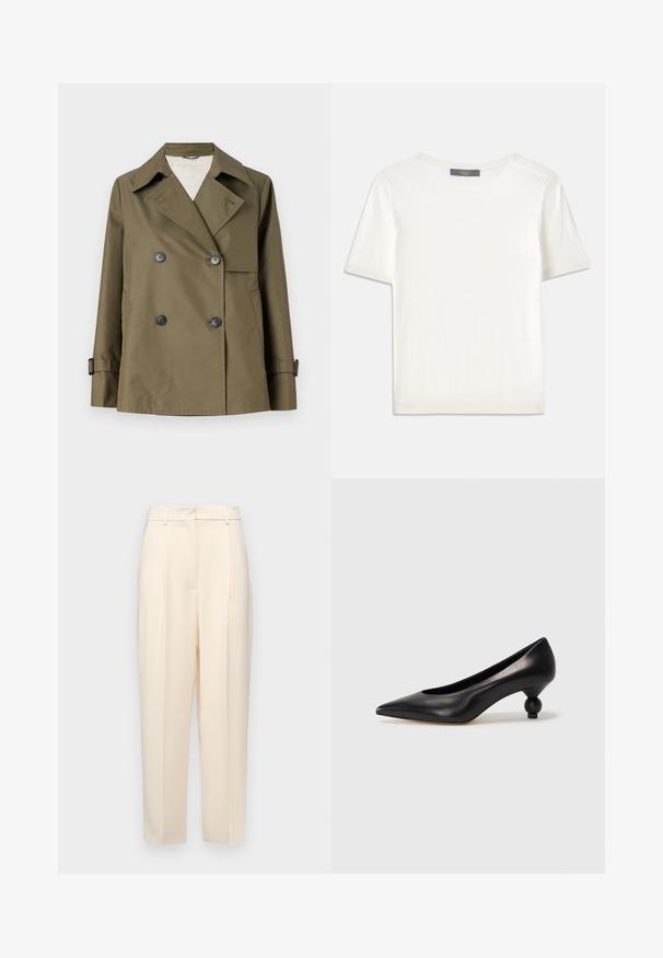 Weekend Max Mara BIGLIA - Light jacket - kaki; White short-sleeve knit top with a round neckline, featuring a smooth texture and subtle ribbed accents at sleeves and hem.; Beige tailored trousers with a straight fit, featuring pleats at the front, a smooth texture, and a mid-rise waist. No visible pockets.; Black leather high heel shoe with a pointed toe and a round, balled heel. Smooth texture with a sleek, minimal design.