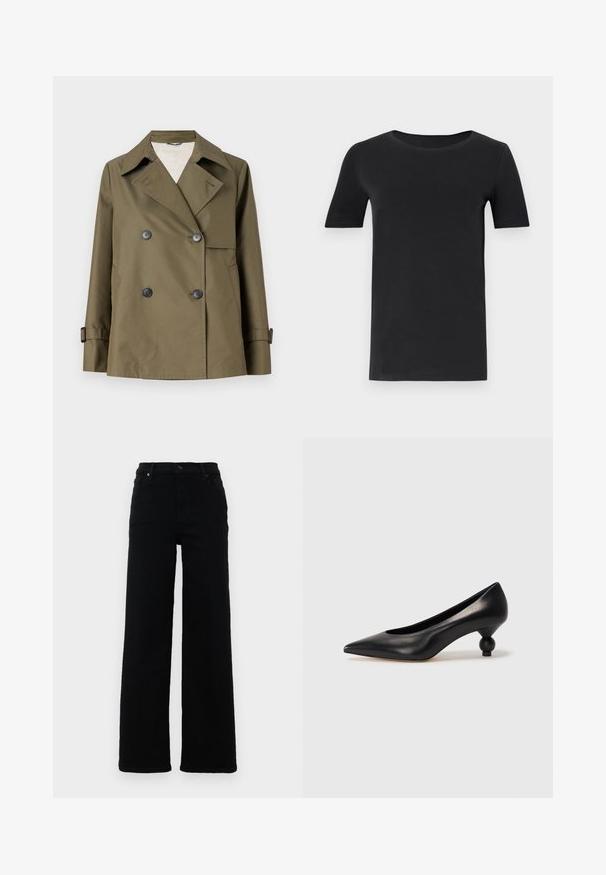 WEEKEND MaxMara BIGLIA czarny; Czarny t-shirt z krótkim rękawem, wykonany z miękkiej bawełny, z okrągłym dekoltem i klasycznym krojem. Gładka faktura, bez wzorów lub ozdób.; Czarne dżinsy z wysokim stanem i prostymi nogawkami, wykonane z denimu. Cechy to szlufki na pasek, przednie kieszenie oraz detal w postaci guzika.; Czarna skórzana szpilka z ostrym czubkiem i okrągłym, kulistym obcasem. Gładka tekstura z eleganckim, minimalistycznym wzornictwem.