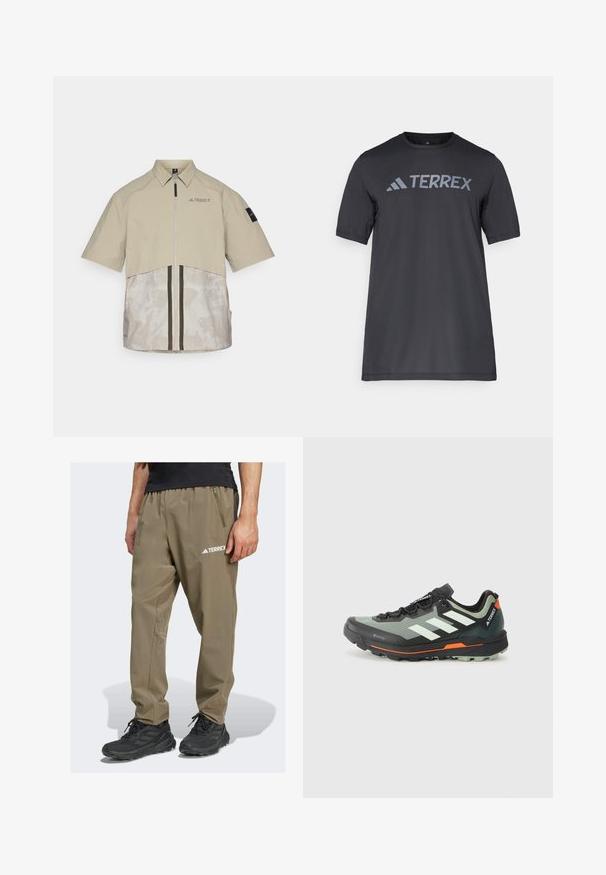 Béžová krátká rukávová bunda se zipem vpředu, dvoubarevným designem, texturovaným spodním panelem a černým logem na levé straně hrudi a na rukávu.; Černé tričko s krátkým rukávem vyrobené z lehkého materiálu, s světle šedým logem "TERREX" přes hruď a kulatým výstřihem.; Lehká turistická kalhoty značky Terrex v khaki barvě s elastickým páskem, boční kapsou a detaily s logem. Vyrobeny z odolné, prodyšné textilie.; Lehká trailová běžecká bota se šedou a černou síťovinou, oranžovými akcenty a robustní podešví pro trakci. Voděodolná podšívka Gore-Tex.