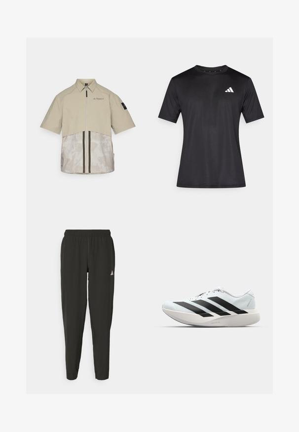 Beige kortermet jakke med glidelås foran, to-farget design, teksturert nederste panel og svart logo på venstre bryst og erme.; Svart atletisk t-skjorte laget av lett nettstoff, med korte ermer og en hvit logo på venstre bryst.; Svarte treningbukser med elastisk midje, slim fit, og hvit logo på venstre bein. Glatt, lett stoff.; Lette løpesko i lys blå med svarte striper. Har en myk overdel, rund tå og tykk hvit mellomsole merket "LIGHTSTRIKE PRO."