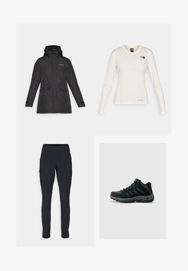 Svart vanntett jakke med hette, to frontlommer og borrelåsjusteringer ved ermene. Glatt tekstur med et minimalistisk design.; The North Face SHADOW LONG SLEEVE - Topper langermet - white dune; Svarte joggebukser med slim fit, elastisk midjebånd og en sidelomme med glidelås. Glatt, elastisk stoff med minimalt med sømmer.; Columbia REDMOND - Fjellsko - black/citron haze