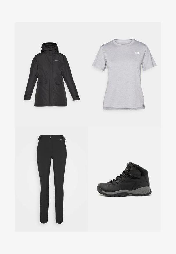 Černá nepromokavá bunda s kapucí, dvěma předními kapsami a suchými zipy na manžetách. Hladký povrch s minimalistickým designem.; Šedé tričko s krátkým rukávem vyrobené z měkké, vlhkosti odvádějící tkaniny. Obsahuje kulatý výstřih a malé bílé logo na levém horním rukávu.; Černé, přiléhavé kalhoty vyrobené z pružného materiálu. Mezi funkce patří boční kapsa na zip, anatomické kolena a hladký povrch.; Černé turistické boty s mírně vyšším střihem, které mají texturovaný svršek, šedé detaily a odolnou gumovou podrážku s trakčními výstupky.