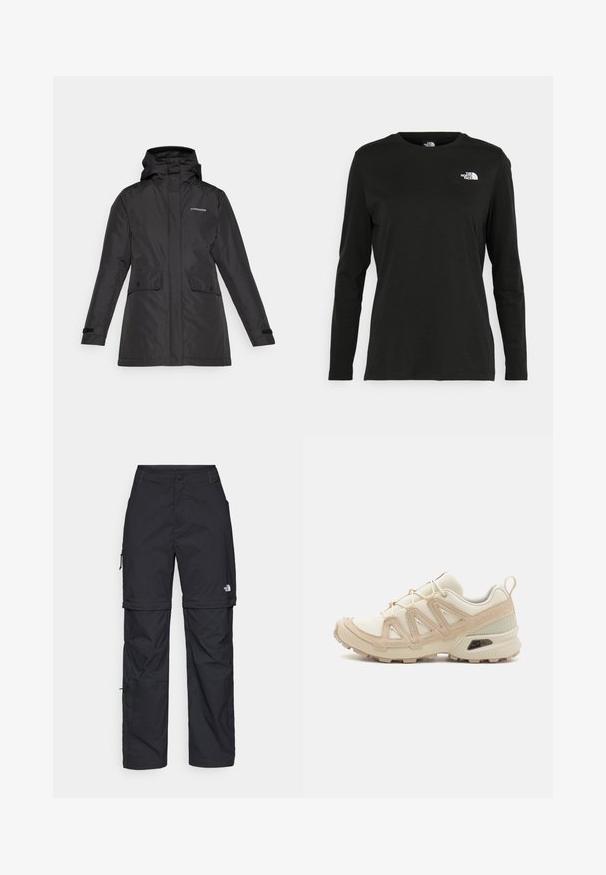 Crna vodootporna jakna s kapuljačom, dva prednja džepa i čičak manžete za prilagođavanje. Glatka tekstura s minimalističkim dizajnom.; Crni dugih rukava majica od pamuka s okruglim izrezom. Ima mali bijeli logo na lijevoj strani prsnog područja. Jednostavan dizajn i kroj.; Crne najlon hlače s munjevim zatvaranjem, odvojive cargo hlače s podesivim manžetama, brojnim džepovima i logom na desnoj nozi. Glatka, lagana tekstura.; Bež i kremasti sportski tenisice s teksturiranim mrežastim gornjim dijelom, potpornih preklopa i gumeni potplat s uzorcima za prianjanje.