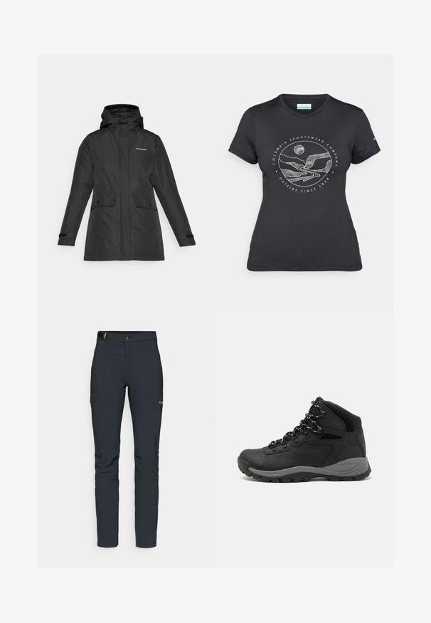Fekete vízálló dzseki kapucnival, két elülső zsebbel és tépőzáras mandzsettákkal. Simább textúra, minimalista dizájn.; Fekete Columbia póló fehér, kör alakú hegy és folyó vonalrajzzal, valamint a "Columbia Sportswear Company Outside Since 1938" felirattal.; Férfi kültéri nadrág, sötétszürke, rugalmas anyagból készült, övvel, cipzáros zsebekkel és megerősített varratokkal.; Fekete túracipő közepes magasságú kialakítással, texturált felsőrésszel, szürke részletekkel és strapabíró gumitalppal, amelynek tapadós kiemelkedései vannak.