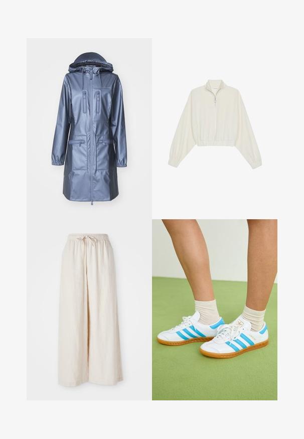 Rains CARGO CURVE JACKET W3 - Parka - bay; Kort genser i kremfarget stoff, med høy krage, halv glidelås, elastisk nederste kant og mansjetter, med en glatt tekstur og minimalistisk design.; Bredde ben, kremfargede bukser med elastisk midje og snor. Glatt, lett lin-stoff, uten synlige mønstre eller hardware.; Hvite sneakers med lyseblå striper, gummisåle og snøring. Har gullmerke og en glatt skinnaktig tekstur.