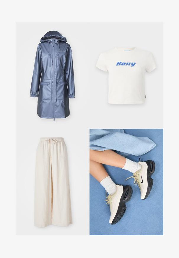Rains CARGO CURVE JACKET W3 - Parkaer - bay; Hvid bomulds T-shirt med rund halsudskæring, der prydes af et stort blåt "Roxy"-logo trykt over brystet. Korte ærmer, almindelig pasform.; Bredde ben, flødefarvede bukser med elastisk talje og snor. Glat, let linnedstof uden synlige mønstre eller hardware.; Nike Air Max sneakers har et beige og sort design, med en glat overdel, synlig luft Cushioning og flade gummisåler.