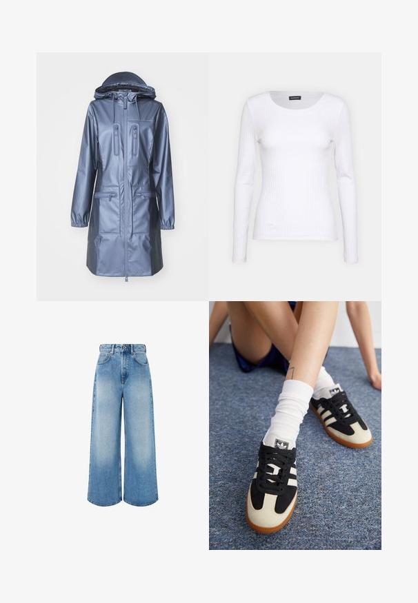 Rains Impermeabile - bay; Top a maniche lunghe bianco con collo rotondo. Realizzato in un tessuto elasticizzato che si adatta al corpo. Presenta delle sottili righe orizzontali.; Jeans a gamba larga di colore azzurro chiaro in denim, con vita alta, chiusura con bottone e leggera scoloritura con orli puliti.; Scarpe sportive in bianco e nero con tomaia in camoscio e pelle, caratterizzate da tre strisce bianche e una suola in gomma. Paio indossato con calzini bianchi.