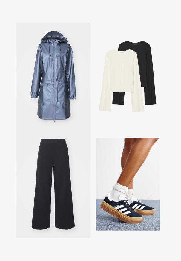 Rains Waterproof jacket - bay; Set of two long-sleeve tops in white and black. Ribbed texture, round neck, fitted design with slightly flared sleeves.; Black wide-leg sweatpants made from soft fabric, featuring an elastic waistband and a small logo on the left side.; Black suede sneakers with white stripes and accents, rounded toe, gum rubber outsole, paired with white ribbed crew socks.