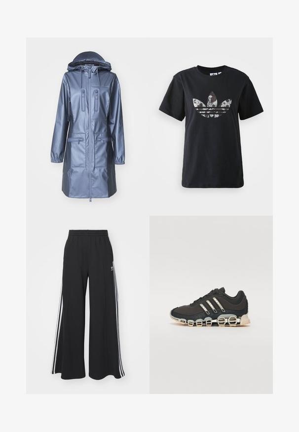 Rains Veste imperméable - bay; T-shirt en coton noir à manches courtes, avec un grand design argenté et marron du logo Adidas et des trois bandes à l'avant.; Pantalons de survêtement larges noirs avec une taille élastique, présentant des rayures blanches sur les côtés et un logo brodé sur la cuisse gauche.; Chaussure de sport noire avec un dessus texturé, trois bandes argentées et une semelle amortissante distinctive comportant plusieurs sections intégrées.