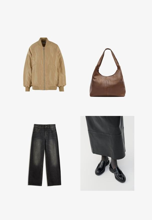 Vaaleanruskea pommikaukutakki, jossa on sileä ja kiiltävä pinta. Ominaisuuksiin kuuluu edessä oleva vetoketju, ribbikäsineet ja helma, sekä kaksi sivutaskua.; Pusero, jossa on smokkaukset ja ruutumainen kuvio mustassa, valkoisessa ja beigessä. Rypytetty kaula-aukko ja hihansuut, pitkät hihat, lyhyempi malli.; Mustat leveälahkeiset farkut, joissa on haalistunut pinta, viisi taskua ja erottuva ommel. Varustettu napilla suljettavana ja vyölenkeillä.; Musta nahka loaferit sileällä pinnalla, jossa on koristeellinen hihna, pyöreä kärki ja teksturoitu pohja. Yhdistetty pitkän mustan nahkahameen kanssa.; Ruskea nahkalaukku, jossa on pehmeä, pyöristetty muoto. Varustettu yhdellä tukevalla hihnalla ja hienovaraisilla ompelu yksityiskohdilla. Sileä pinta.