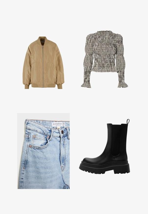 Jasno brązowa kurtka bombowca o gładkim, błyszczącym wykończeniu. Posiada zamek błyskawiczny z przodu, ściągacze przy mankietach i dole oraz dwie boczne kieszenie.; Bluzka z marszczeniami w kratkę w kolorach czarnym, białym i beżowym. Falbaniasty dekolt i mankiety, długie rękawy, krótki krój.; Jasnoniebieskie dżinsy o wysokim stanie, z pięcioma kieszeniami, miedziowanymi detalami i subtelnym wyblaknięciem, z metką na pasku.; Czarne skórzane botki Chelsea z elastycznymi panelami po bokach, masywną gumową podeszwą oraz okrągłym czubkiem. Teksturowane i gładkie wykończenie.