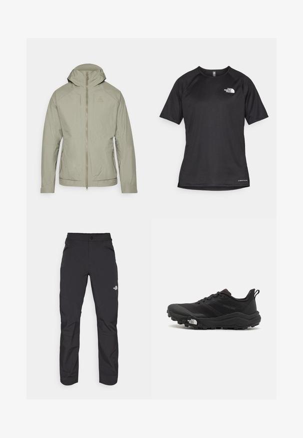 Jachetă de culoare verde măsline deschis, cu un model texturat tip grilă, închidere cu fermoar, glugă ajustabilă și două buzunare laterale. Prezintă un design ajustat.; Tricou athletic scurt, de culoare neagră, cu un material texturat, având un logo alb pe partea stângă a pieptului și un tiv drept.; Pantaloni negri de exterior cu un buzunar frontal cu fermoar, din material sintetic, cu picioare îngustate și panouri de genunchi întărite. Prezintă o închidere cu buton.; Pantofii de alergare pe teren accidentat, de culoare neagră, cu un superior texturat, talpă din cauciuc și vârf întărit. Prezintă un guler căptușit și o bandă de prindere pentru îmbrăcare ușoară.