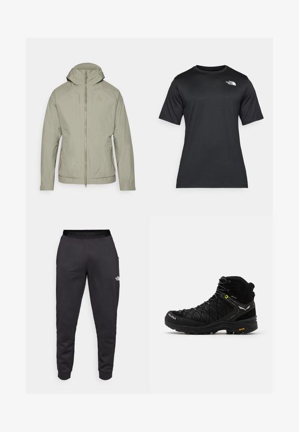 Giacca verde oliva chiaro con un motivo a griglia testurizzato, chiusura con zip, cappuccio regolabile e due tasche laterali. Presenta un design aderente.; T-shirt nero a maniche corte realizzato in tessuto leggero e traspirante. Presenta un logo bianco sul lato sinistro del petto e un collo a giro.; Pantaloni della tuta neri realizzati in tessuto liscio, con un design affusolato, vita elasticizzata e dettaglio del logo sulla gamba destra.; Stivale da escursionismo nero con parte superiore testurizzata, punta rinforzata e suola Vibram. Il sistema di allacciatura comprende ganci per una vestibilità sicura.