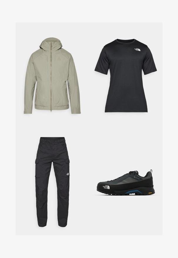 Giacca verde oliva chiaro con un motivo a griglia testurizzato, chiusura con zip, cappuccio regolabile e due tasche laterali. Presenta un design aderente.; T-shirt nero a maniche corte realizzato in tessuto leggero e traspirante. Presenta un logo bianco sul lato sinistro del petto e un collo a giro.; The North Face EXPLORATION PANTS - Pantaloni cargo - black; The North Face VERTO ALPINE GORE TEX - Scarpa da hiking - asphalt grey/tnf black