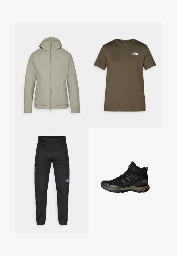 Világos olíva zöld dzseki, texturált rácsos mintával, cipzáros záródással, állítható kapucnival és két oldalsó zsebbel. Feszes fazonnal rendelkezik.; Olíva zöld pamut póló rövid ujjakkal, kerek nyakrésszel és fehér logóval a bal mellen. Sima anyagú, normál szabású.; The North Face HORIZON PANT - Szabadtéri nadrágok - black; Fekete túracipő hálós és szintetikus betétekkel, texturált középtalppal, Vibram talppal és szürke részletekkel. Magas vágású dizájn a bokatámogatás érdekében.