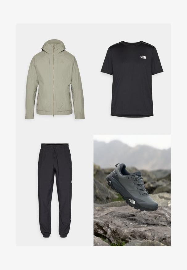 Light olive green jacket with a textured grid pattern, zip closure, adjustable hood, and two side pockets. Features a fitted design.; Black short-sleeve T-shirt made from lightweight fabric. Features a small white logo on the left chest and subtle shoulder accents.; Black athletic pants made from lightweight fabric, featuring a drawstring waistband, side pockets, and tapered cuffs at the ankles.; Grey trail running shoe with a textured upper, durable rubber sole, and reinforced toe cap. Features laces and brand logo on the side.