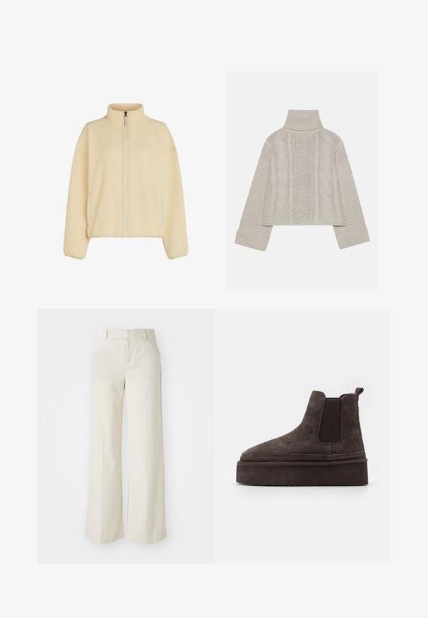 Flísová bunda v jemné smetanové barvě, s vysokým límcem, plným předním zipem a postranními kapsami. Texturovaná tkanina s žebrovanými manžetami.; Zkrácený svetřík v světle šedé barvě z pleteniny s vysokým límcem a žebrovanými manžetami, se strukturovanými kabelovými vzory na zádech a bocích.; Kalhoty s širokými nohavicemi v jasně béžové barvě, vyrobené z hladkého materiálu. Mají klasický pas a plochý přední díl s čistými liniemi.; Hnědé semišové Chelsea boty s elastickými bočními panely a silnou, texturovanou platformovou podrážkou. Obsahují poutko na patě pro snadné obouvání.
