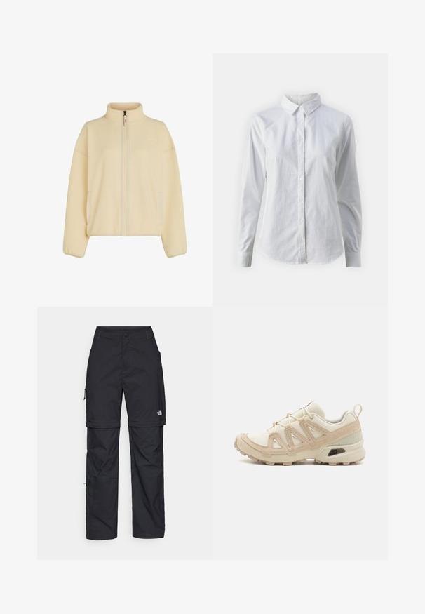Jachetă din fleece de culoare crem moale, cu guler înalt, fermoar pe toată lungimea frontală și buzunare laterale. Material texturat cu manșete ribbrate.; Cămașă albă cu nasturi, confecționată din bumbac neted, având un guler clasic, mâneci lungi și un tiv curbat. Nasturii sunt mici și albi.; Pantaloni cargo din nylon negru, cu fermoar detașabil, manșete ajustabile, multiple buzunare și un logo pe piciorul drept. Textură netedă și ușoară.; Pantofii sport bej și crem au un superior din plasă texturată, suprapuneri de susținere și o talpă din cauciuc cu un model de profil pentru aderență.