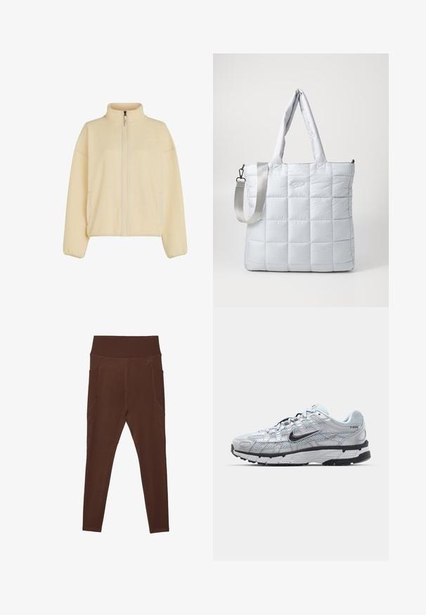 Giacca in pile di colore crema morbido, con colletto alto, zip frontale completa e tasche laterali. Tessuto testurizzato con polsini a costine.; T-shirt corto a maniche corte di colore marrone, realizzato in un tessuto morbido, con scollatura rotonda e cuciture pulite, privo di schemi o decorazioni.; Leggings marroni realizzati in materiale elasticizzato con un alto elastico a coste e tasche laterali. Presentano cuciture piatte per una maggiore durata.; Sneakers Nike P-6000 con una toma superiore in mesh grigio chiaro, accenti neri e una resistente suola in gomma nera. Dotati di un design intricato e di un sistema di allacciatura.; Borsa tote trapuntata grigia chiara con due manici per spalla e una tracolla staccabile, caratterizzata da una texture liscia e imbottita e un discreto dettaglio del logo.