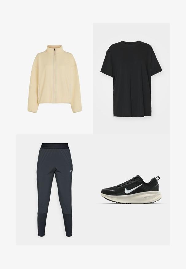 Veste en polaire de couleur crème douce, avec un col haut, une fermeture éclair frontale complète et des poches latérales. Tissu texturé avec des poignets côtelés.; T-shirt noir à manches courtes en tissu lisse, avec un col ras du cou et une coupe décontractée. Présente des fentes sur les côtés pour plus de confort et de respirabilité.; Pantalons de sport Nike en gris foncé, avec une coupe fuselée, une taille élastique et des détails accentués près des poignets.; Baskets de course noir Nike avec tige respirante en mesh, logo swoosh blanc, détails texturés et semelle intermédiaire ZoomX de couleur crème.