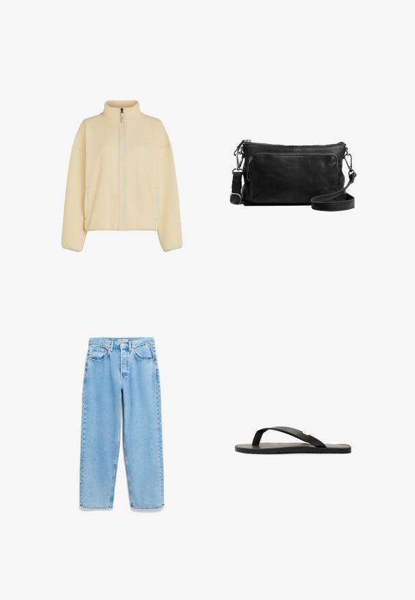 Fleecejas in een zachte crèmekleur, met een hoge kraag, volledige ritssluiting aan de voorkant en zijzakken. Getextureerde stof met geribde manchetten.; Witte katoen t-shirt met korte mouwen, ronde hals en een ontspannen pasvorm. Glad materiaal en eenvoudig ontwerp, zonder patronen of accenten.; Lichtblauwe denim jeans met een losse pasvorm, hoge taille, vijf zakken en subtiele vervaging langs de beennaden.; Zwarte flip-flop sandaal met een platte zool, zwarte textuur inlegzool, gladde bandjes en een kleine gouden accent bij de teenpost.; Zwarte leren schoudertas met een ritsvak, een voorzak, zilverkleurige hardware en een verstelbare schouderband. Gladde textuur.