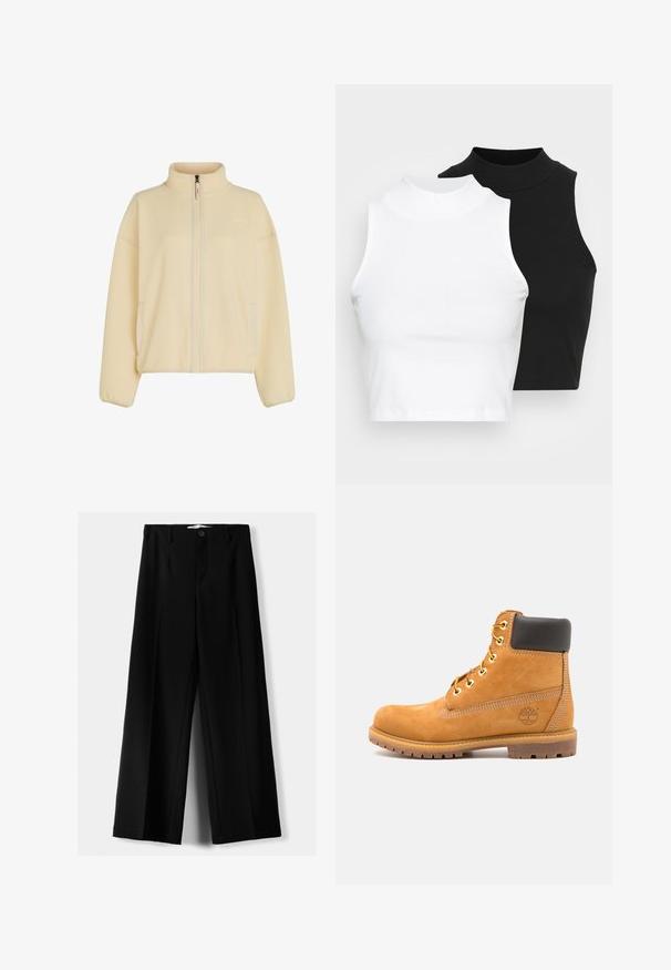 Fleece jacket in soft cream color, featuring a high collar, full front zip, and side pockets. Textured fabric with ribbed cuffs.; Two sleeveless ribbed turtleneck tops in black and white, featuring a fitted design and smooth texture, with cropped length.; Black wide-leg trousers made of lightweight fabric, featuring a front button closure and flat front, with neatly stitched hems.; Brown leather ankle boot with black padding, gold eyelets, and a textured sole. Features a circular logo on the side and stitching accents.