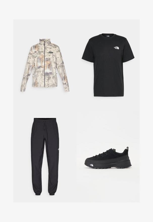 Giacca in fleece con zip completa, colletto alto, motivo camouflage in tonalità grigio, beige e marrone, con logo Columbia sul petto.; T-shirt nera in cotone con maniche corte, colletto a giro, e un piccolo logo bianco sul lato sinistro del petto. Design semplice, texture liscia e vestibilità rilassata.; Pantaloni sportivi neri realizzati in tessuto leggero, con vita regolabile con cordino, tasche laterali e orli affusolati alle caviglie.; Sneaker da esterno nera con parte superiore in suede, suola in gomma testurizzata e robusto sistema di allacciatura. Presenta un tallone rinforzato e il logo del marchio sul lato.