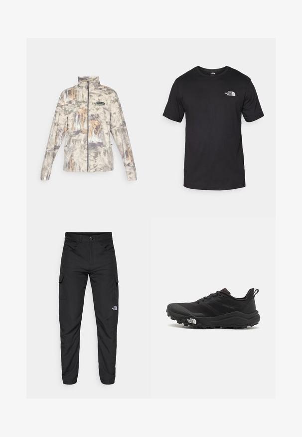 Täieliku lukuga fliisjakker kõrge kaelusega, halli, beeži ja pruuni toonides vaikses metsakaamoses, millel on Columbia logo rinnal.; Must have lühikeste varrukatega must T-särk, mis on valmistatud puuvillast, ümmarguse kaelusega ja väikese valge logoga vasakus ülanurgas.; The North Face HORIZON PANT - Õuepüksid - black; Must tume jooksujalats musta värvi, tekstuurse ülemise osaga, kummist tallaga ja tugevdatud varbaga. Omab pehmendusega krae ja tõmblinti mugavaks selga panemiseks.