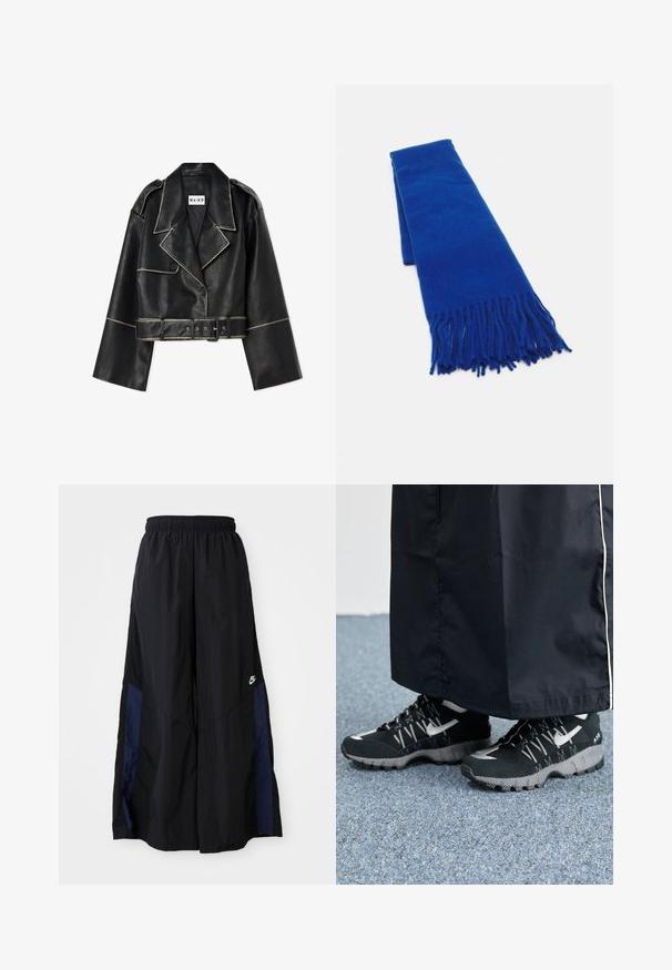 Kort svart läderjacka med breda ärmar, kontrasterande vit söm, notch-krage, två knappar och ett matchande bälte.; Svart långärmad tröja med rund halsringning, prydd med vita grafik av taggtråd och törnen på båda ärmarna.; Svarta vida byxor gjorda av lättviktig tyg, med en marinblå sid panel och ett elastiskt midjeband. Litet vitt logotyp nertill.; Svarta träningsskor med en texturerad överdel, silverdetaljer och ett mönstrat yttersula, tillsammans med en svart lång klädnad. Mot en blå matta.; Blå vävd scarf med fransade ändar, slät textur, rektangulär form och enhetlig färg över hela. Lämplig för kallt väder.