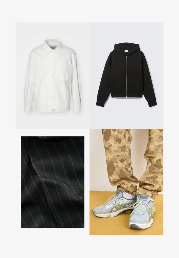 Witte overhem shirt van katoen, met een klassieke kraag, lange mouwen en een enkele borstzak. Glad oppervlak, eenvoudig ontwerp.; Zwarte hoodie met ritssluiting, voorzien van een kangaroemouwzak, oversized pasvorm, zachte stof en een capuchon met trekkoord. Heeft een stevige ritssluiting en geribbelde boorden.; Zes zwarte t-shirts met ronde hals in een verpakking van vijf. Korte mouwen, van katoen, met een standaard pasvorm. Gladde textuur zonder zichtbare patronen of versieringen.; Zwarte stof met een visgraatpatroon en dunne witte strepen. De textuur lijkt glad met een subtiele diepte van de weving.; Lichtgrijze sportchoenen met zilveren accenten, groene demping, en een textuur van mesh aan de bovenkant, gecombineerd met beige camouflagepatroon broek.