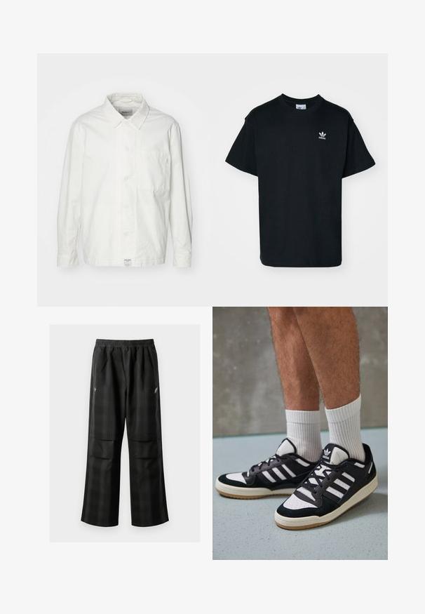 White button-up shirt made of cotton, featuring a classic collar, long sleeves, and a single chest pocket. Smooth texture, simple design.; Black cotton t-shirt with a crew neck and short sleeves, featuring a small white Adidas logo on the left chest area.; Black plaid pants featuring an elastic waistband, two front pockets, and a loose fit with a straight leg design. Made from lightweight material.; Black and white sneakers with a suede and leather upper, featuring three white stripes, a perforated toe, and a gum rubber sole.