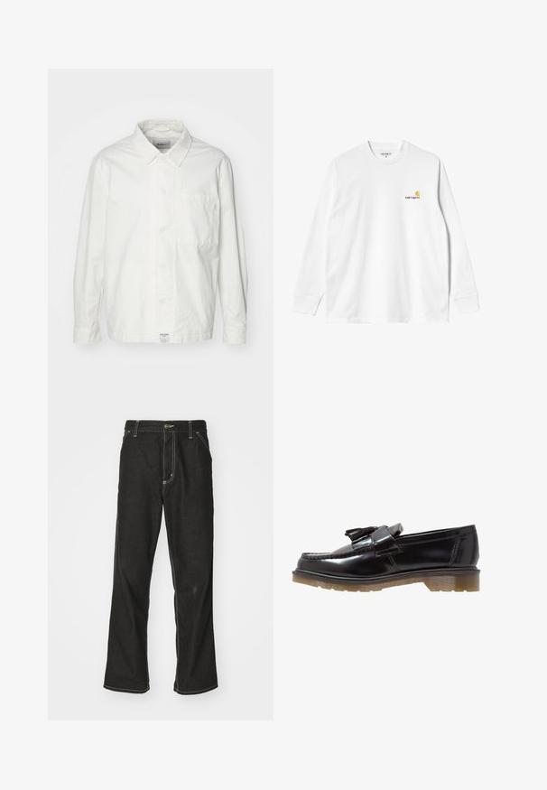 Hvit skjorte med knapper laget av bomull, med klassisk krage, lange ermer og en enkelt brystlomme. Glatt tekstur, enkelt design.; Langermet hvit bomulls T-skjorte med rund hals, med en liten gul og burgunder logo på venstre bryst. Sømløse mansjetter og nederkant.; Svarte denimbukser med løs passform, med kontrastfylt hvit søm, knappelukking og rett ben-design.; Sorte patent lær loafers med en flettet design, frynseaccent og en chunky, teksturert gummisåle. Sidesyn viser en slank silhuett.