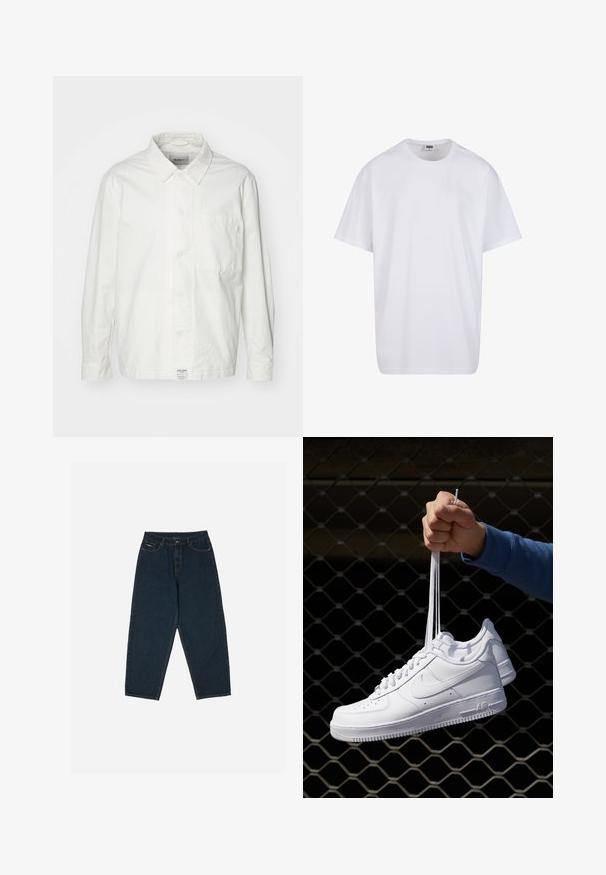 Valge nööpidega särk, mis on valmistatud puuvillast, klassikalise krae, pikkade varrukate ja ühe rinnataskuga. Sile tekstuur, lihtne disain.; Valge puuvillane t-särk lühikeste varrukatega, ümmarguse kaelusega, lõdva lõikega ja ilma nähtavate logodeta või mustriteta. Sile tekstuur ja minimaalne disain.; Tumedad sinised kõrge vöökohaga teksad, millel on lõtv istuvus, viie tasku ja nööpidega sulgemine. Valmistatud siledast denimist.; Valged nahast tennisetossud, millel on perforatsioonid, ümar nina, lame tallus ja paksud nöörid, nähtava swooshi logoga ja "AIR" kontsadel.