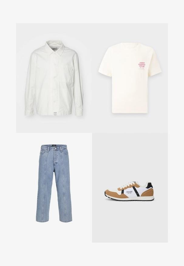 Bela srajca s gumbi, izdelana iz bombaža, z klasičnim ovratnikom, dolgimi rokavi in enim žepom na prsih. Gladka tekstura, preprost dizajn.; Bela majica s kratkimi rokavi z rdečim napisom "Studio Originals Edition" na levi strani prsnega koša, prikazana na nevtralnem sivo backgroundu.; Svetlo modri kavbojasti hlače ohlapnega kroja s širokimi nogavicami in vidnimi šivi. Imajo gumb in zadrgo ter pet žepov.; Povratni stil tenisic z belim in peščeno rjavim semišem, črnimi akcenti, belimi vezalkami in logotipom "Jack & Jones EST. 1990" na strani.