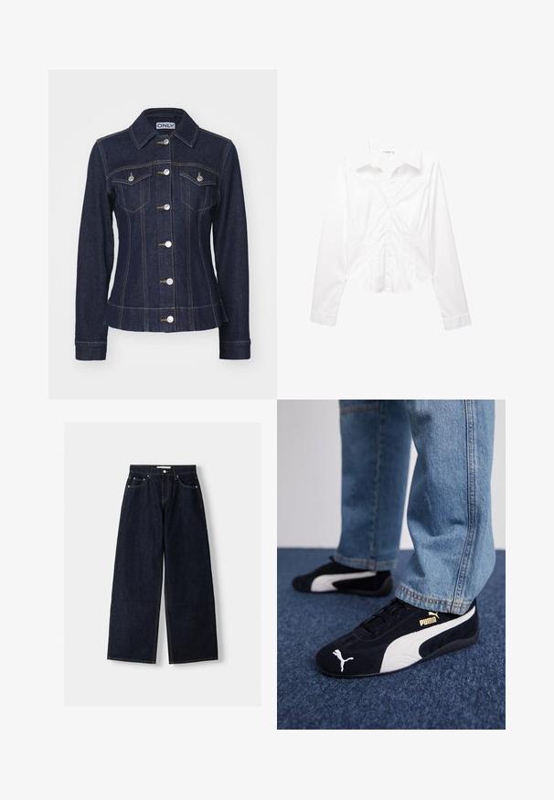 ONLY ONLFREDERIKKE SHAPED - Spijkerjas - dark blue denim; Witte langslijf damesblouse met knopen en kraag, met subtiele naaddetails en een licht gebogen zoom.; Donkerblauwe denim wijduitlopende jeans met een hoge taille, vijf zakken, contrasterende stiksels en zilveren metalen hardware. Gladde textuur en een nette afwerking.; Zwarte suède sneakers met witte accenten, voorzien van een gouden logo. Gemaakt met lichtblauwe spijkerbroek en geplaatst op een textuur blauwe ondergrond.