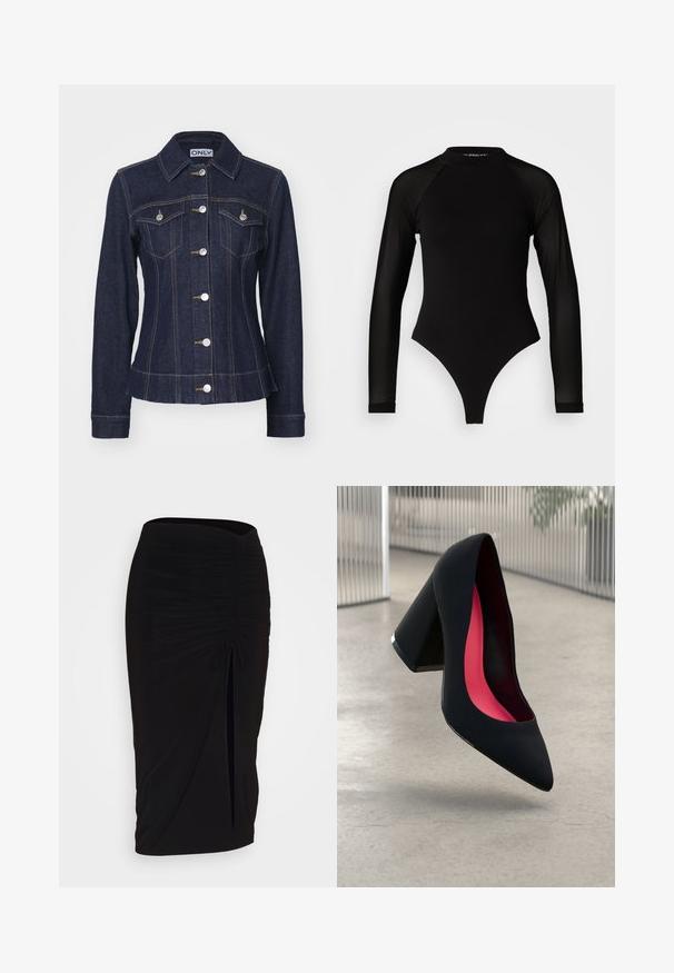 ONLY ONLFREDERIKKE SHAPED - Džinsinis švarkelis - dark blue denim; Juodas ilgomis rankovėmis bodis su aukštu kaklu, turintis tvirto audinio torso ir permatomų tinklinių rankovių, sukurtas prigludusio silueto.; Juoda, raukšlėta pieštuko sijonas su raišteliu ir šoniniu įpjovimu. Pagamintas iš elastingos medžiagos, pasižymi lygiu paviršiumi ir prigludusia forma.; Juodas aukštakulnis batai su smailiu pirštu, su tekstūruota paviršiumi ir ryškiai rožiniu vidumi. Su tiek dideliu kulnu, tiek sidabriniu akcentu.