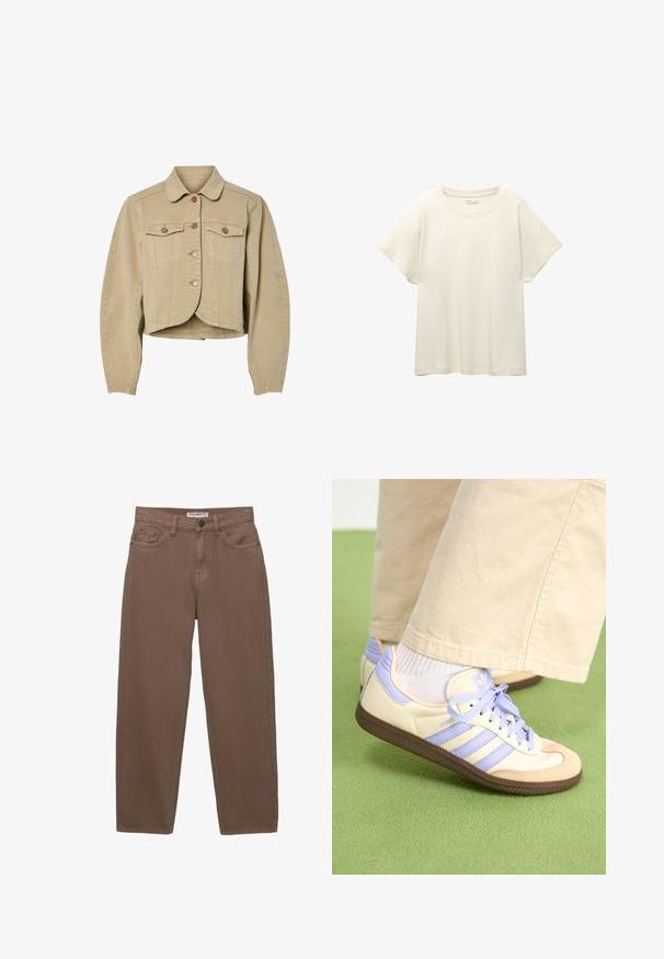 Beige cropped denimjakke med lange ærmer, knaplukning foran, to klaplommer på brystet og en afrundet detaljeret kant.; Lys beige kortærmet t-shirt med rund halsudskæring, lavet af blødt, glat stof. Har en afslappet pasform og lige forneden.; Brune bomuldsdenim bukser med løs pasform, fem lommer og lynlås i front. Har en subtil tekstur og klassiske syninger.; Creme og lavendel sneakers med tre striber og en tekstureret brun sål, der har snørebånd og en polstret hæl. Blødt stof øvre.