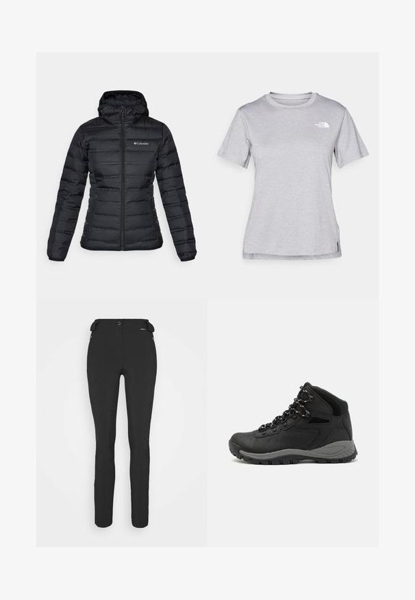Sort pufferjakke med lynlåsfortil, hætte og elastiske manchetter. Har horisontal quiltning og et lille logo på venstre brystområde.; Grå kortærmet T-shirt lavet af blødt, fugttransporterende materiale. Har en rund hals og et lille hvidt logo øverst til venstre.; Sorte, tætsiddende bukser lavet af et fleksibelt materiale. Funktioner inkluderer en lynlåslomme i siden, artikulerede knæ og en glat tekstur.; Sort vandrestøvle med en mellem-højde design, der har en tekstureret overdel, grå detaljer og en holdbar gummisål med skridsikre klodser.