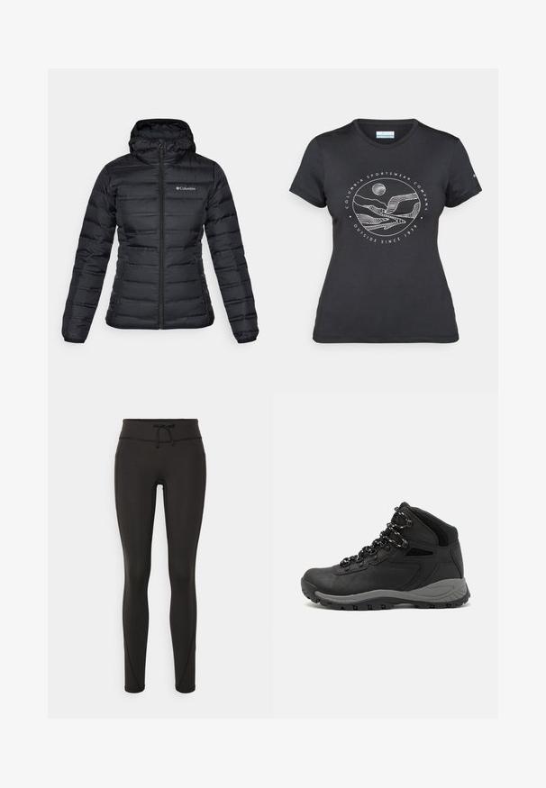 Svart puffjacka med dragkedja framtill, huva och elastiska cuffs. Har horisontell quiltning och en liten logotyp på vänster bröst.; Svart Columbia-t-shirt med vit cirkulär linjekonst av berg och flod samt texten "Columbia Sportswear Company Outside Since 1938."; Svarta leggings med hög midja, snörning, slät textur och figurnära design. Har sömnadsdetaljer längs sidorna.; Svart vandringskänga med mellanhög design, som har en texturerad överdel, grå accenter och en slitstark gummisula med greppklackar.