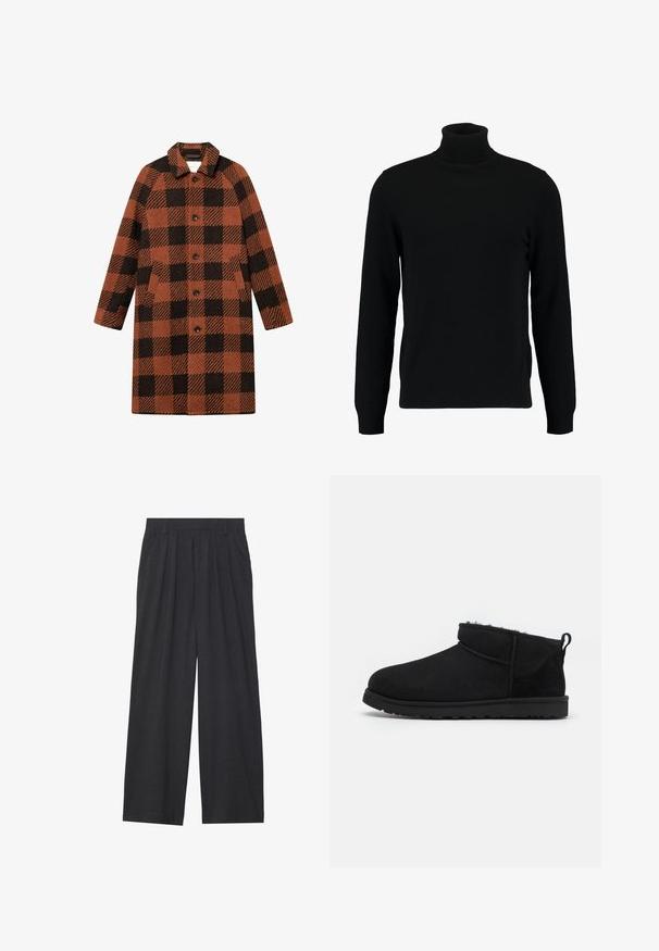 Geruite jas van gestructureerde stof in oranje en zwart. Voorzien van een kraag, zes knopen en twee voorzakken. Middenlange uitstraling.; Zwarte coltrui gemaakt van een zacht breimateriaal. Heeft lange mouwen, een geribbelde kraag en zoom. Eenvoudig, strak ontwerp zonder patronen.; Wijd-uitlopende broeken van donkergrijze stof. Kenmerken zijn plooien bij de taille, een tailor-made ontwerp en een rechte silhouet.; Zwarte suède enkellaarsjes met een zachte, gestructureerde voering, een lage rubberen zool en een lus aan de achterkant voor gemakkelijk aantrekken.