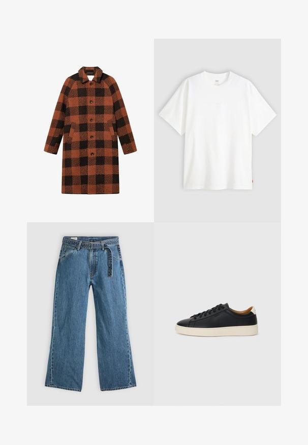 Rūtainā veste, kas izgatavota no strukturētas auduma oranžā un melnā krāsā. Iekļauj pārklāju, sešus pogas un divas priekšējās kabatas. Vidēja garuma dizains.; Balta īslaicīga T-krekla ar īsām piedurknēm, kas izgatavots no kokvilnas, ar apaļu kakla izgriezumu. Priekšpusē ir smalks reljefs ar logotipu un sarkans birka apakšmalā.; Zilas džinsa platās kājas bikses ar pievienotu jostu, priekšējām kabatām un redzamiem šuvumiem uz vienkārša gaiša fona.; Melni ādas sporta apavi ar gludu tekstūru, bēša krāsas gumijas zole, auklu aizdare un kontrastējošs papēža akcents.
