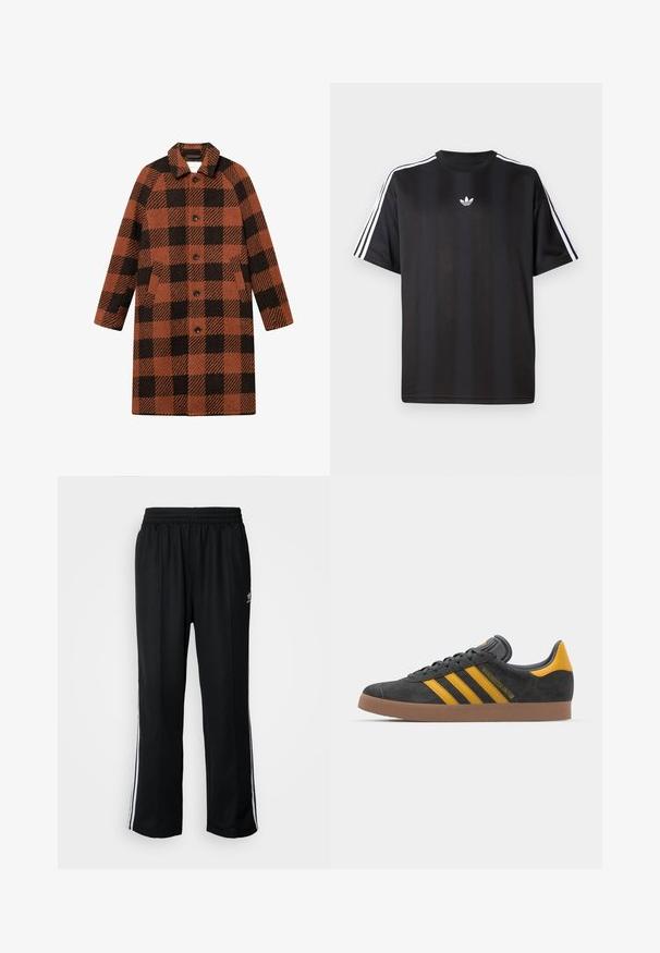 Plaid coat made of textured fabric in orange and black. Features a collar, six buttons, and two front pockets. Mid-length design.; Black short-sleeve t-shirt with white three-stripe detailing on shoulders and a small white logo on the chest. Smooth fabric texture.; Black athletic pants with an elastic waistband, featuring white side stripes and a small logo. Material appears soft and lightweight.; Black suede sneaker with yellow accents, featuring three stripes and a brown rubber sole. Includes a padded tongue for comfort.