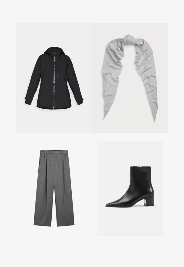 Black waterproof jacket with a zippered front, hood, and side pockets. Features long sleeves with adjustable cuffs and a sleek design.; Grey long-sleeve sweater made from soft fabric, featuring a crew neck and ribbed edges, with a slightly cropped design.; Gray wide-leg trousers with vertical pinstripes, pleated front, and a waistband designed for comfort. Smooth fabric and tailored cut.; Black leather ankle boot with a pointed toe, smooth texture, and a mid-block heel. Minimalist design, zipper closure at the back.; Silver scarf made from a soft, textured fabric. Features a knotted center and elongated, tapered ends with a subtle sheen.